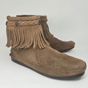 Minnetonka Moccasins Fringe Booties Women's 8 Ankle Back Zip Suede Boho Hippie